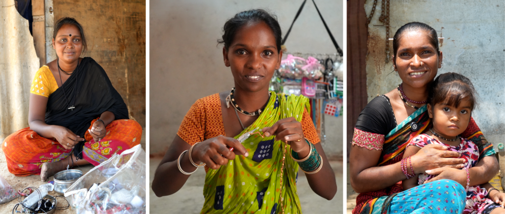 Three pictures of three women. The first two are threading beads and the last one is holding a child on her laps